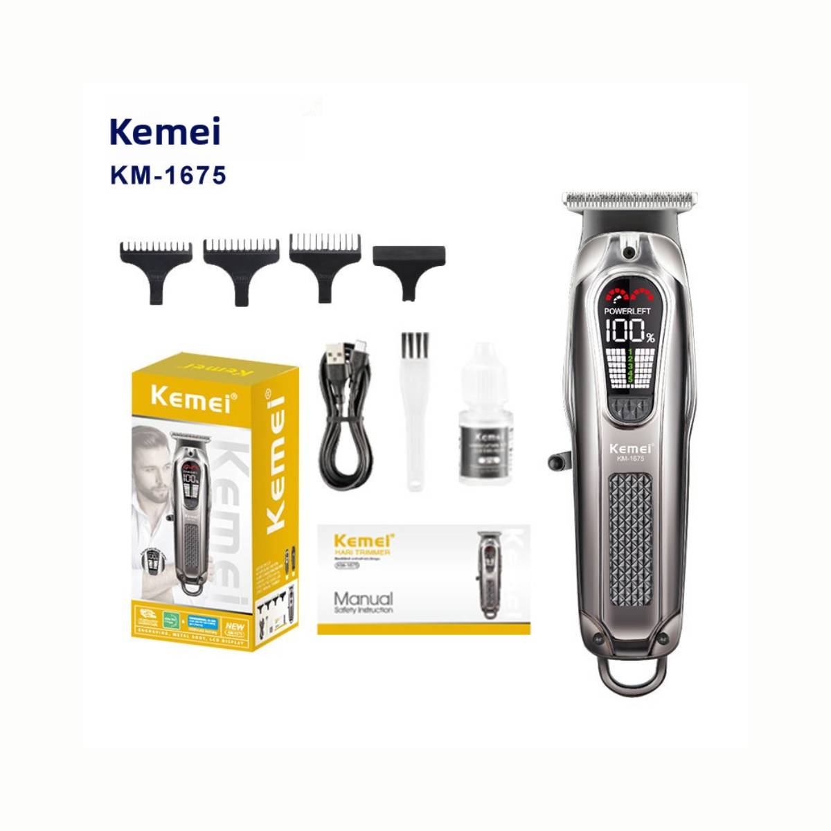 Máquina de Cortar Cabelo Kemei KM-1675 Motor Ajustável 5 Velocidades Gancho Ecológico - LFJ-KM-1675