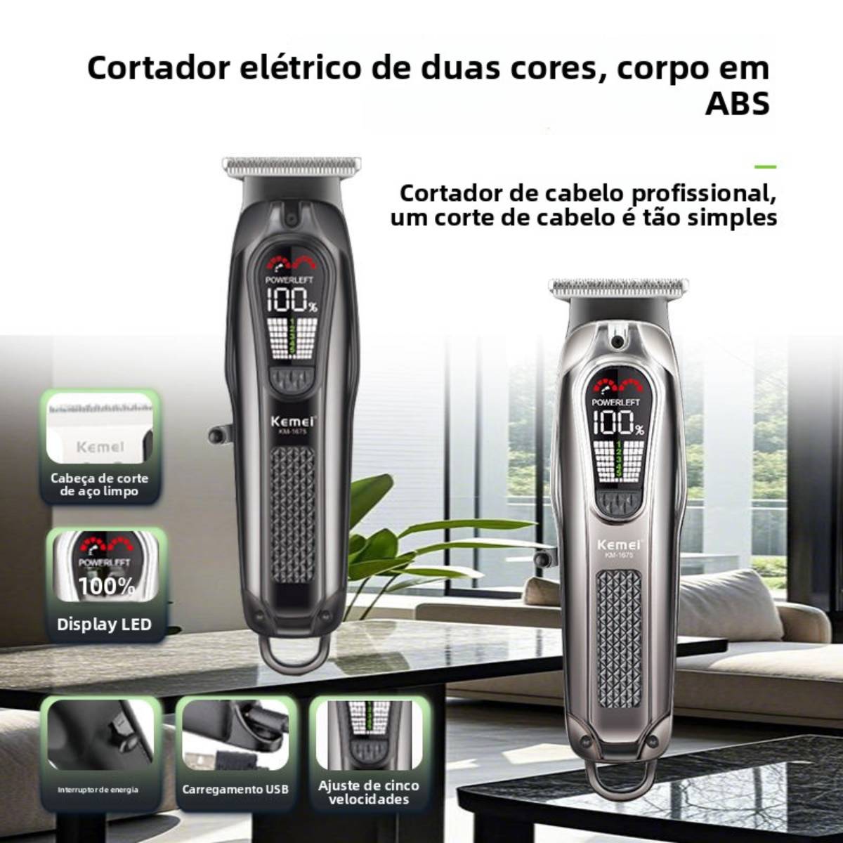 Máquina de Cortar Cabelo Kemei KM-1675 Motor Ajustável 5 Velocidades Gancho Ecológico - LFJ-KM-1675