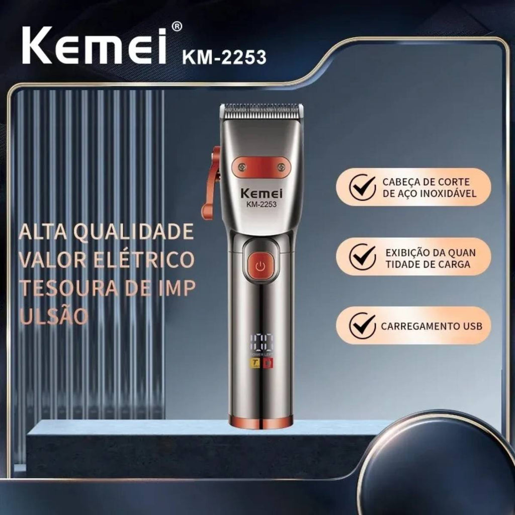 Máquina de Cortar Cabelo Kemei KM-2253 Vermelha Profissional e Sem Fio - KM-2253