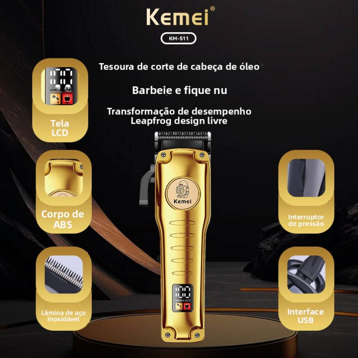 Máquina de Cortar Cabelo Profissional Kemei KM-511 Lâmina Ajustável - LFJ-KM-511