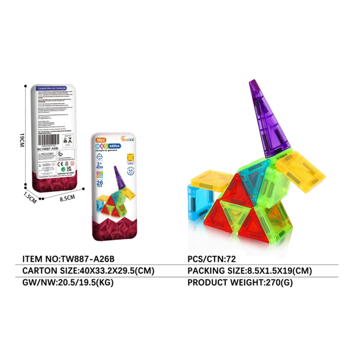 Mini Blocos Magnéticos 3D Infantil 26 Peças - TW887-A26B