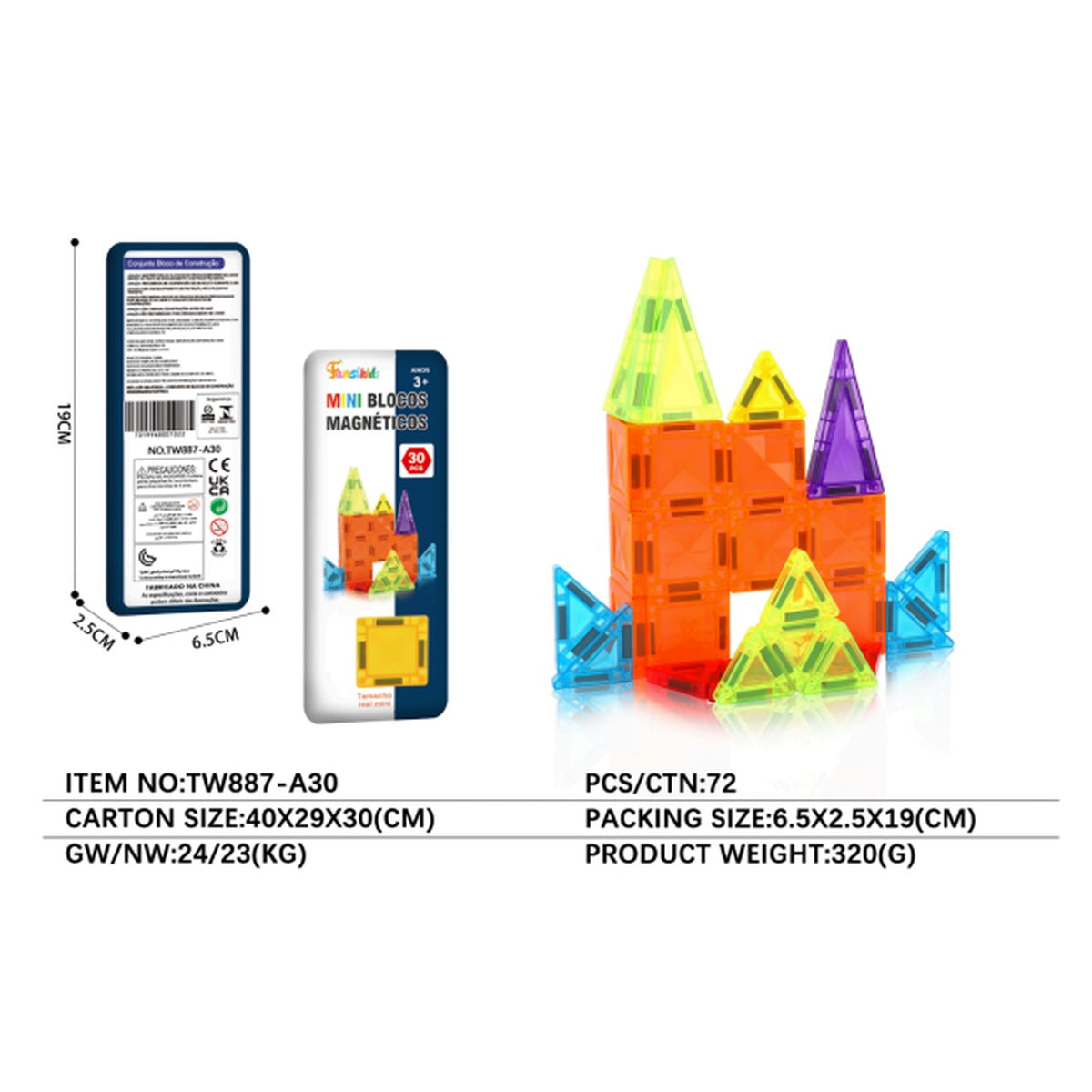 Mini Blocos Magnéticos 3D Infantil 30 Peças - TW887-A30
