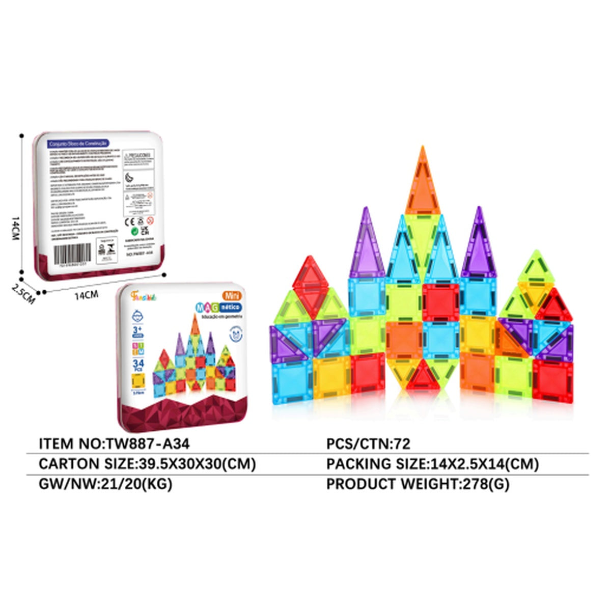 Mini Blocos Magnéticos 3D Infantil 34 Peças - TW887-A34