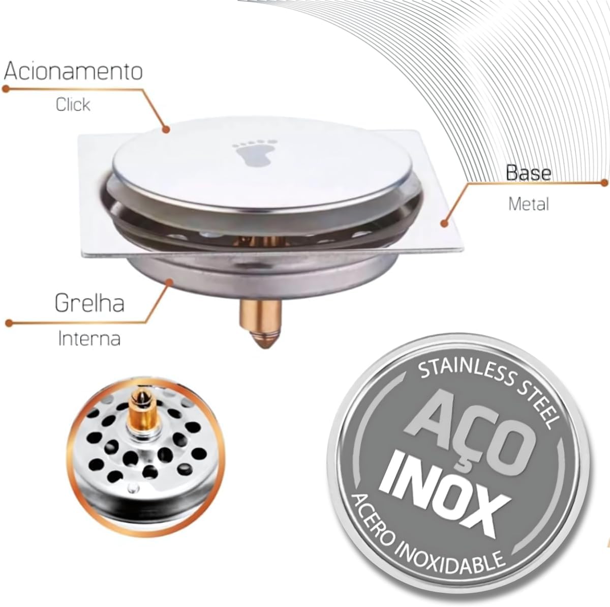 Ralo Click em Aço Inox Quadrado com Vedação Anti-Odor 15x15 - WJ-11B