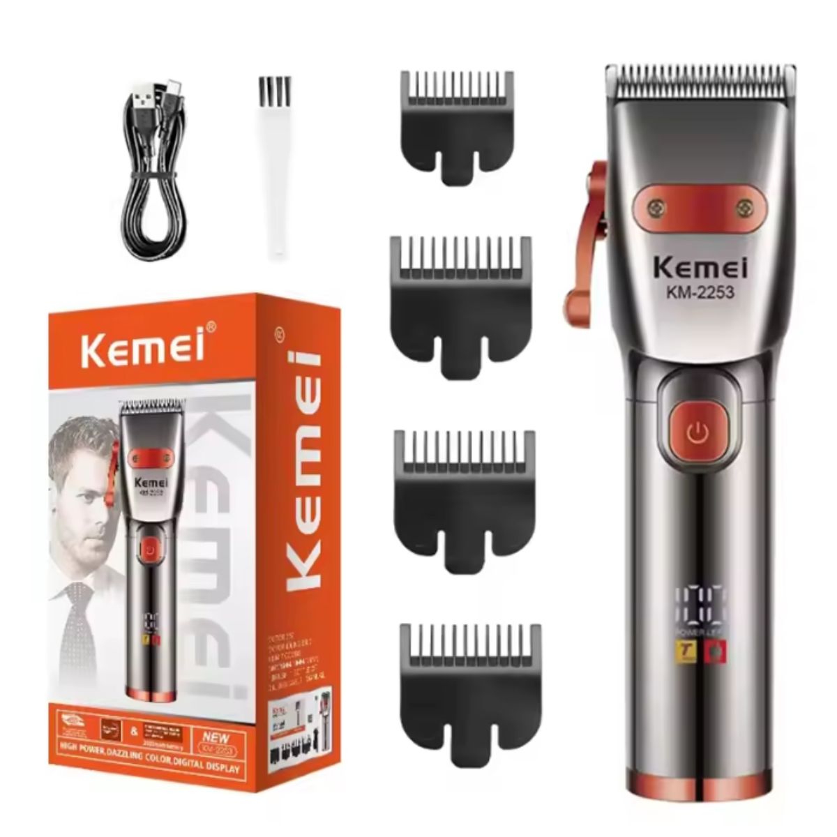 Máquina de Cortar Cabelo Kemei KM-2253 Vermelha Profissional e Sem Fio - KM-2253