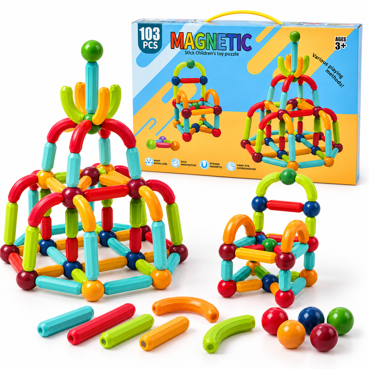 Blocos de Montar Magnéticos Bolas e Bastões Kit 103 peças - UPPER1130