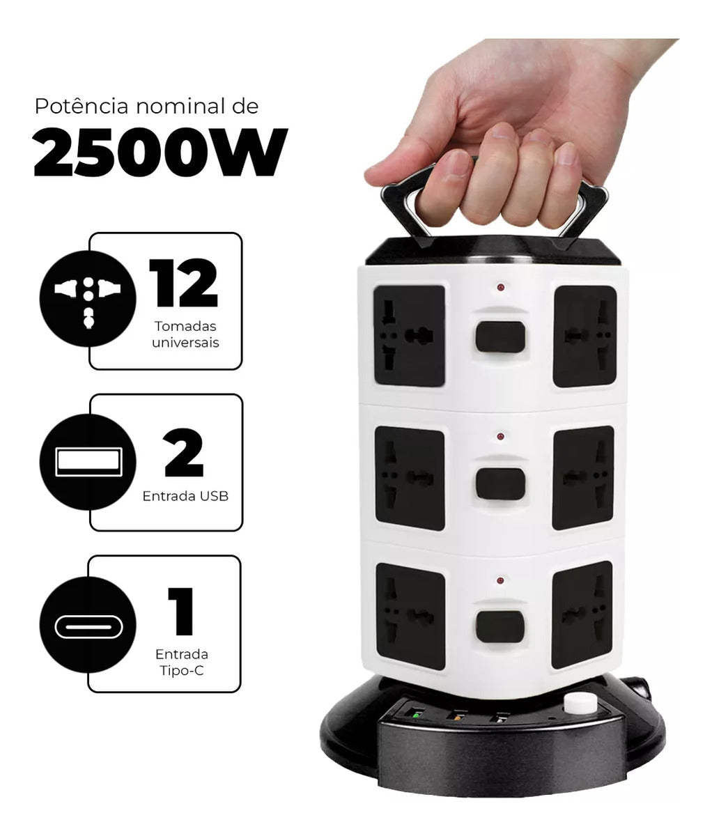 Torre de Tomadas 2500W com USB Universal Fusível e Bivolt - BZ-A03PD-3