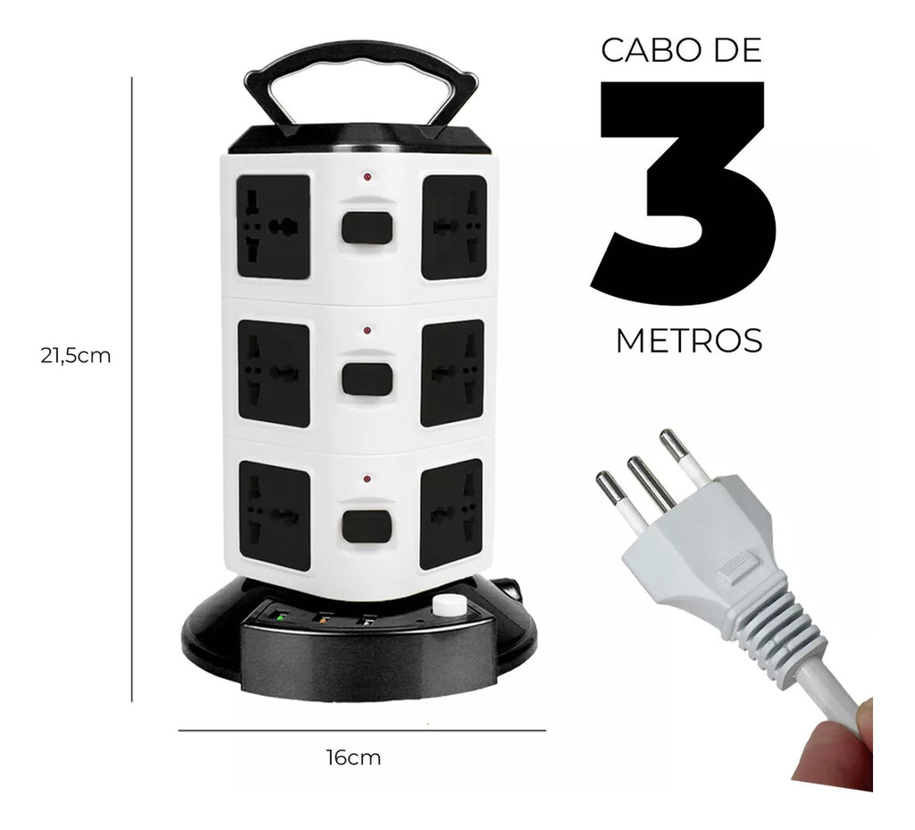 Torre de Tomadas 2500W com USB Universal Fusível e Bivolt - BZ-A03PD-3