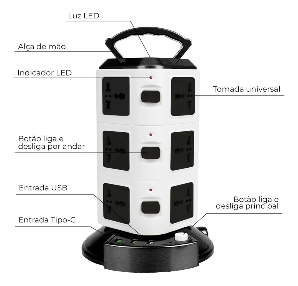 Torre de Tomadas 2500W com USB Universal Fusível e Bivolt - BZ-A03PD-3