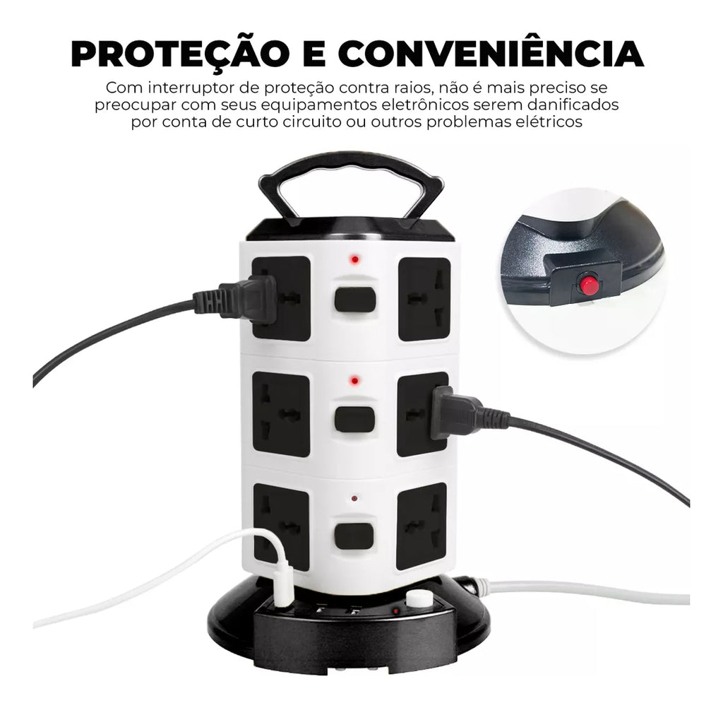 Torre de Tomadas 2500W com USB Universal Fusível e Bivolt - BZ-A03PD-3