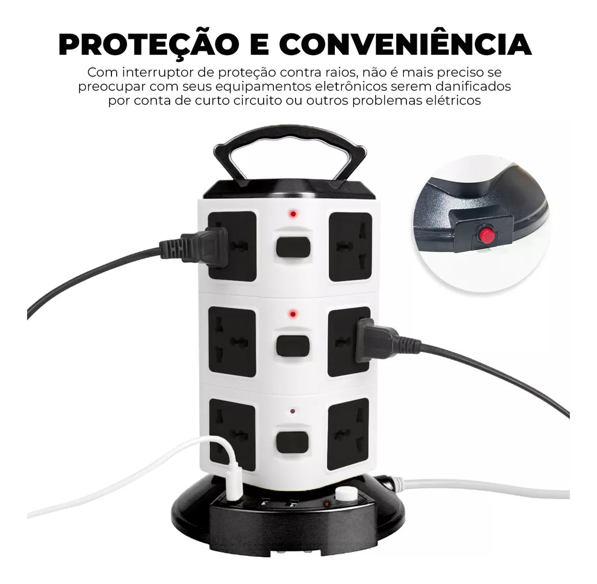Torre de Tomadas 2500W com USB Universal Fusível e Bivolt - BZ-A03PD-3