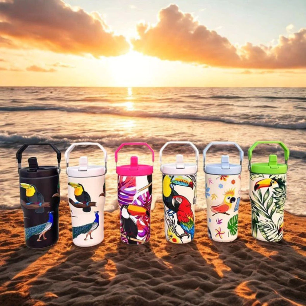 Copo Térmico com Alça Canudo e Estampa Fauna Tropical 600ml