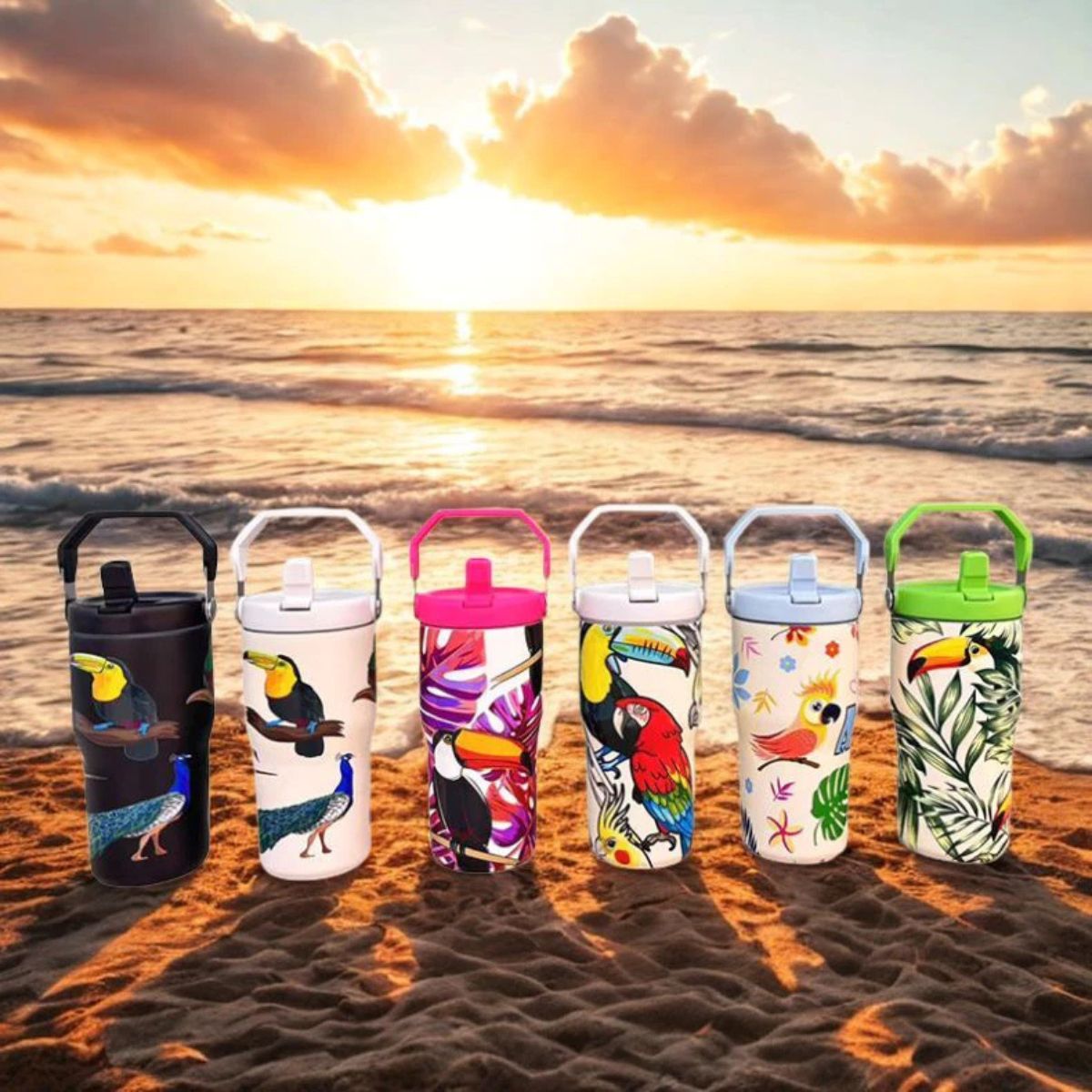 Copo Térmico com Alça Canudo e Estampa Fauna Tropical 600ml