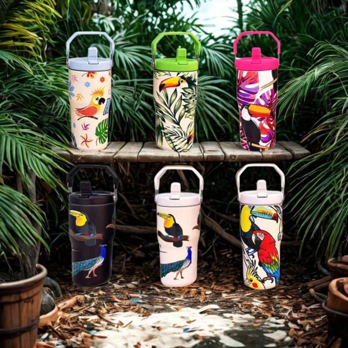 Copo Térmico com Alça Canudo e Estampa Fauna Tropical 600ml