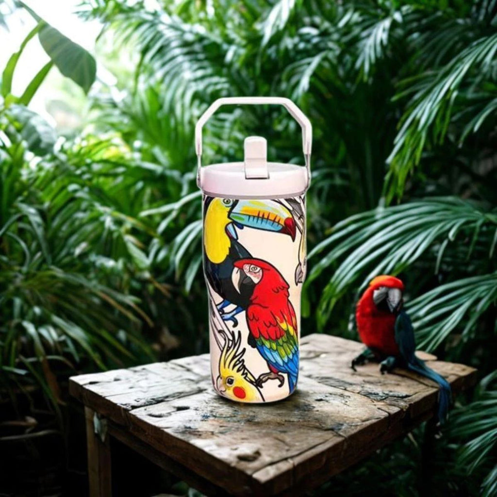 Copo Térmico com Alça Canudo e Estampa Fauna Tropical 600ml