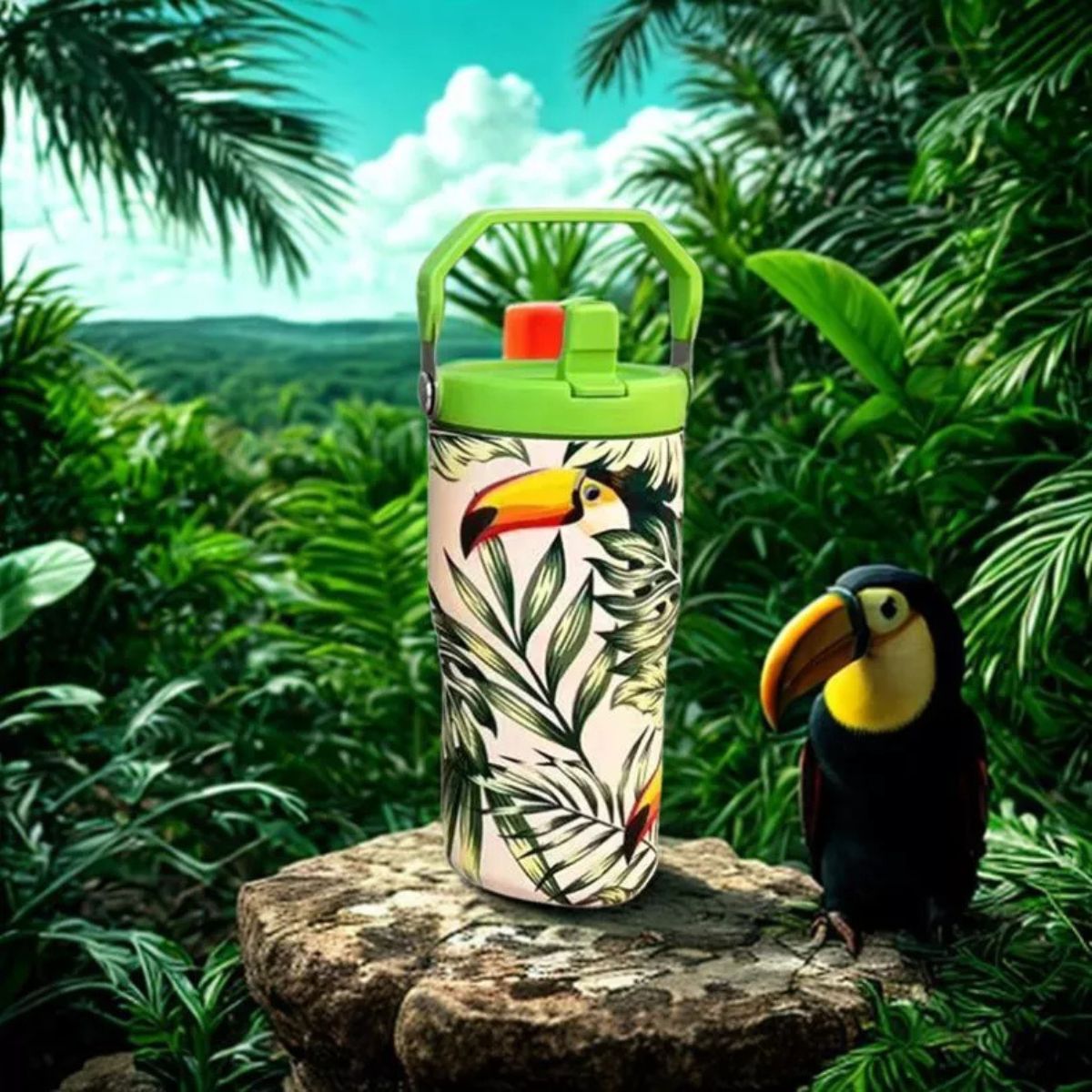 Copo Térmico com Alça Canudo e Estampa Fauna Tropical 600ml