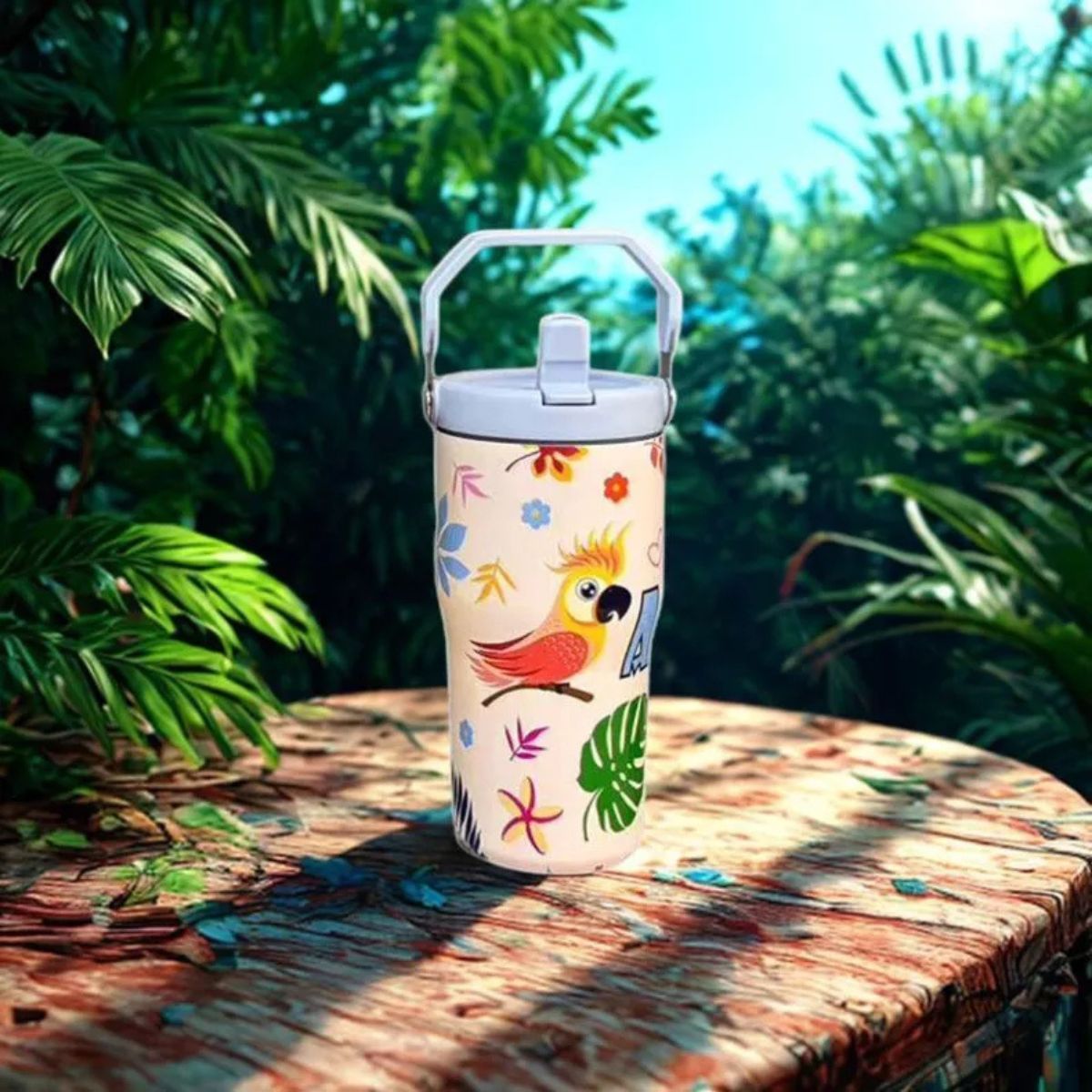 Copo Térmico com Alça Canudo e Estampa Fauna Tropical 600ml