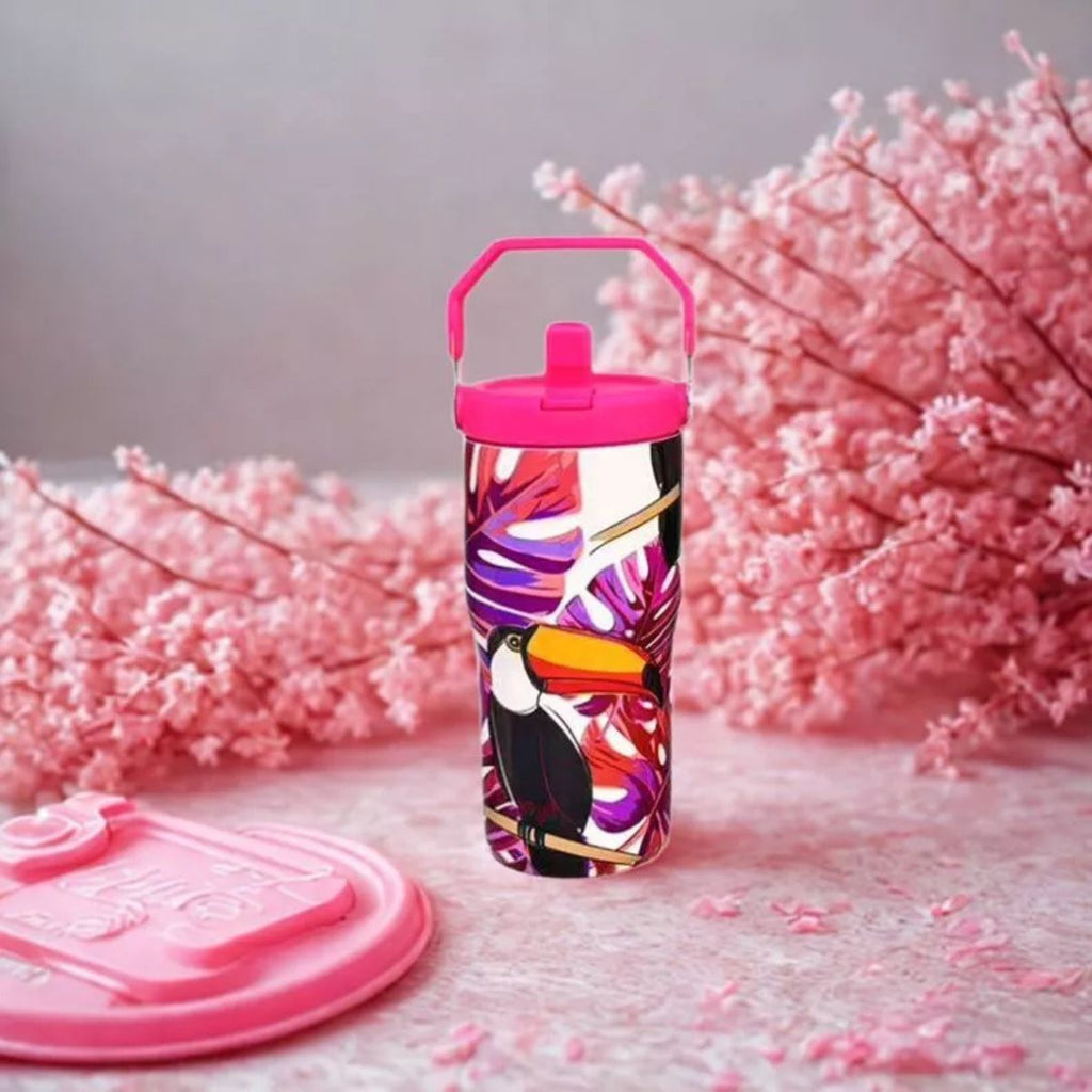 Copo Térmico com Alça Canudo e Estampa Fauna Tropical 600ml