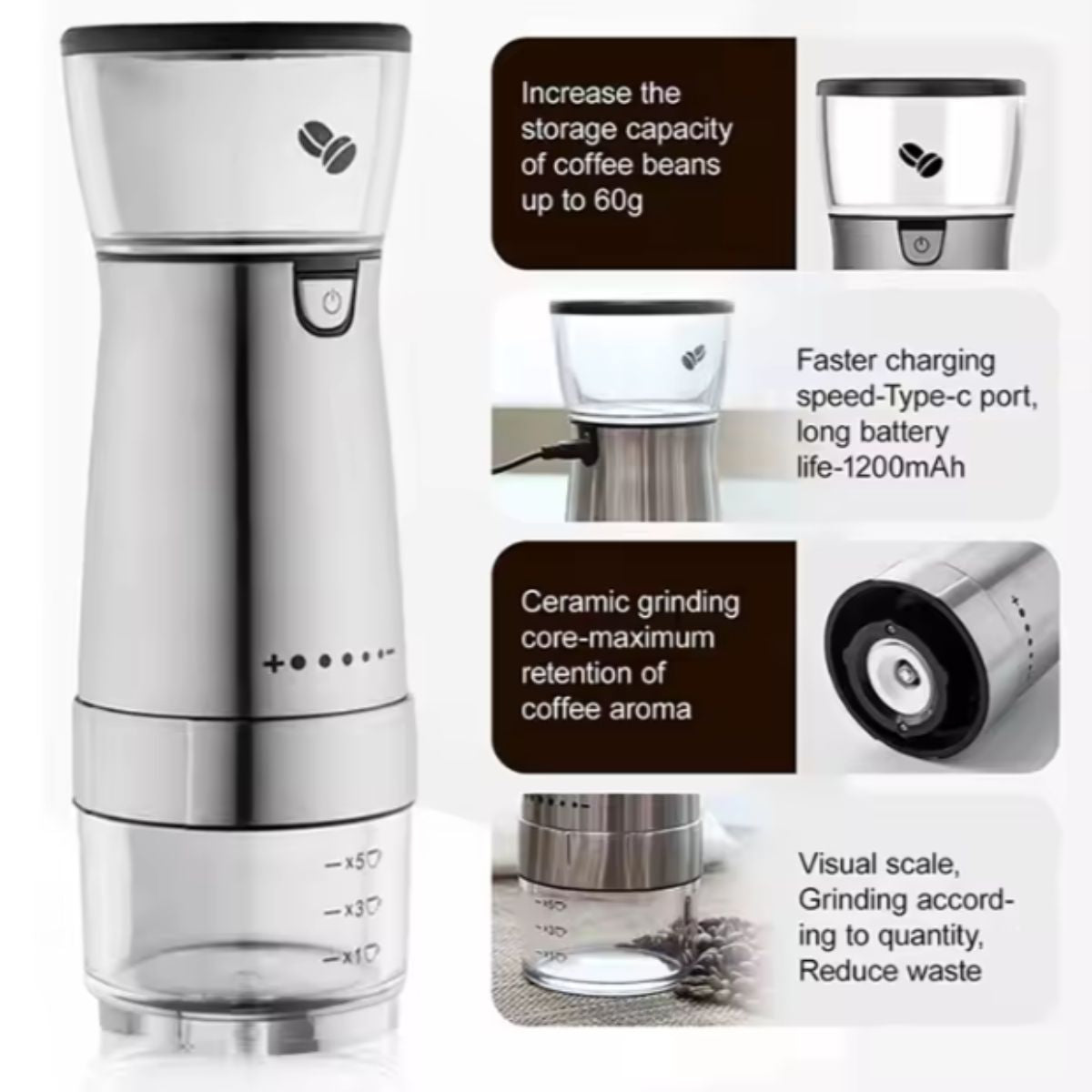 Moedor de Café Elétrico Portátil Recarregável USB Ajustável - LH-YMQ3