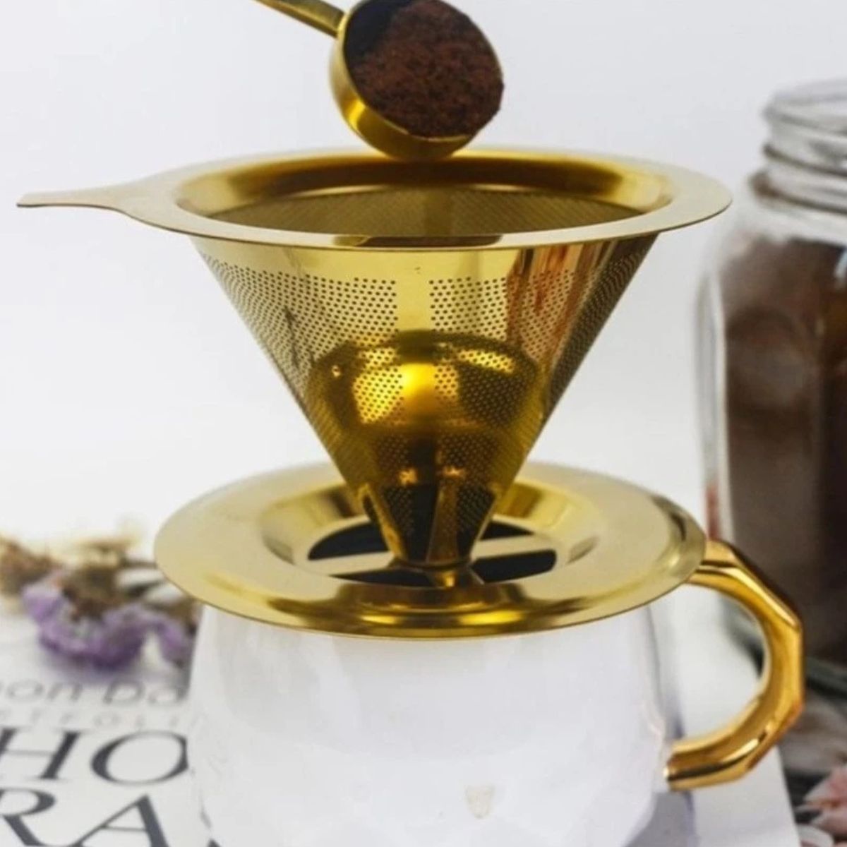 Filtro de Café Coador Inox Reutilizável Pour Over Dourado Grande - IBA00003/XDXLH22