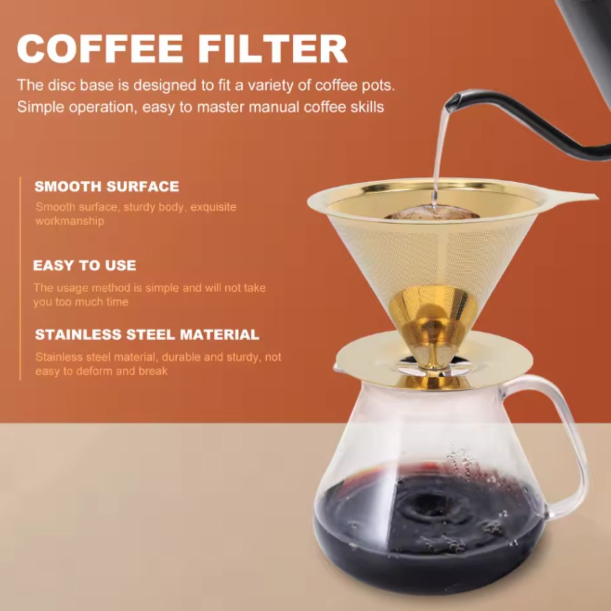 Filtro de Café Coador Inox Reutilizável Pour Over Dourado Grande - IBA00003/XDXLH22