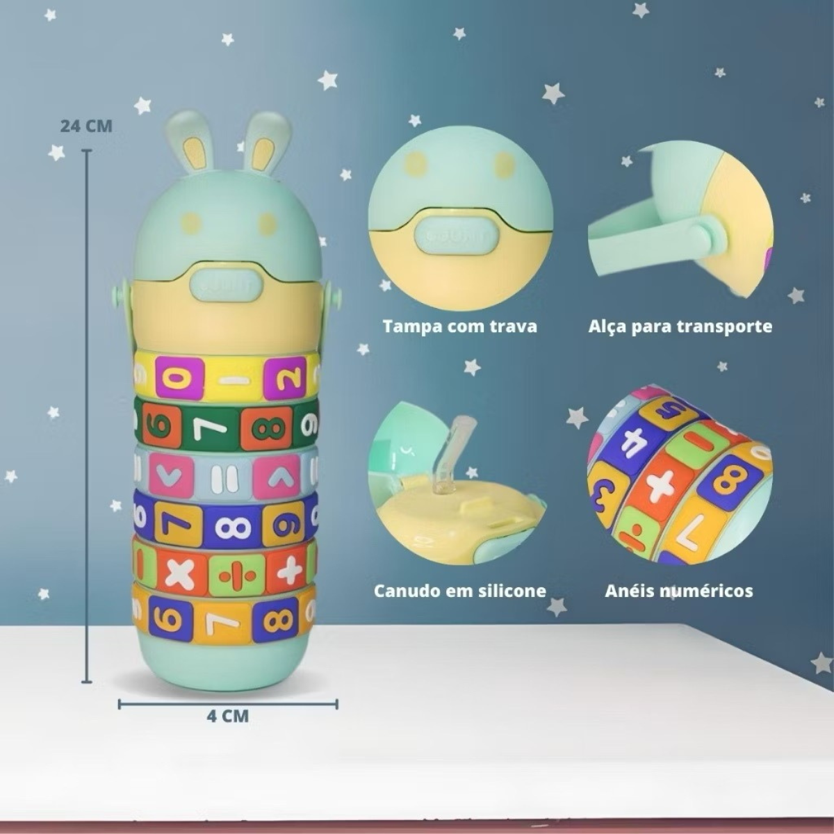 Garrafa Infantil Interativa 430ml com Contas Giratórias e Números Educativos - IOD00050