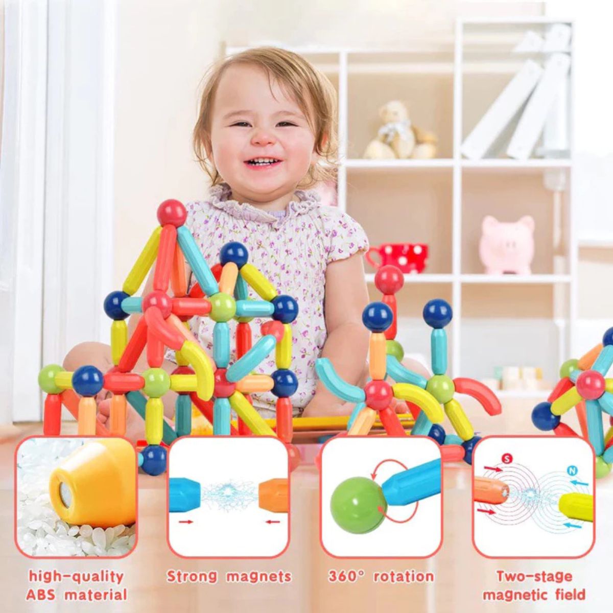 Blocos de Montar Magnéticos Bolas e Bastões Kit de 128 Peças - BJG00040/24pz