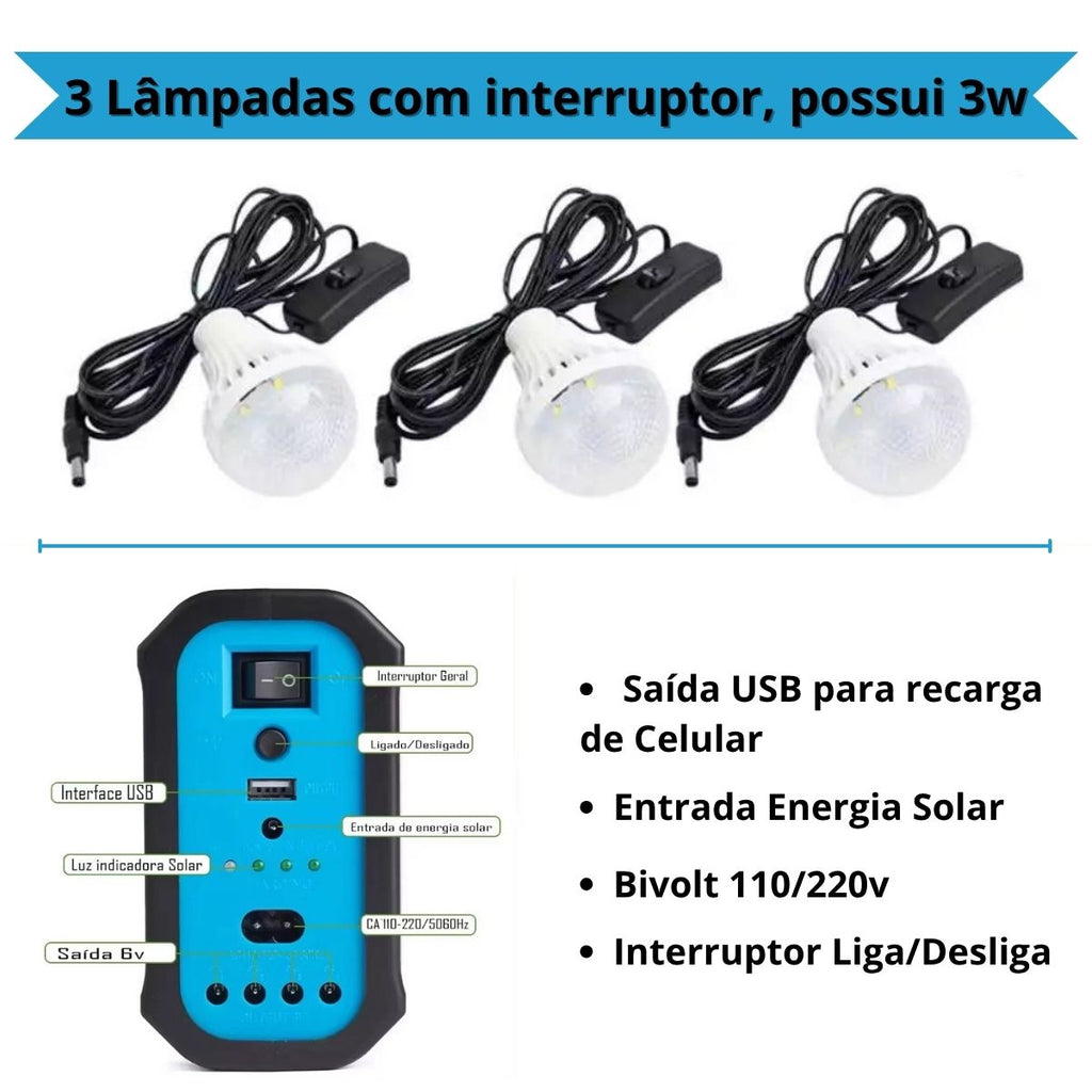 Kit Bateria Portátil com Painel Solar e 3 Lâmpadas LED Camping - FIA00005