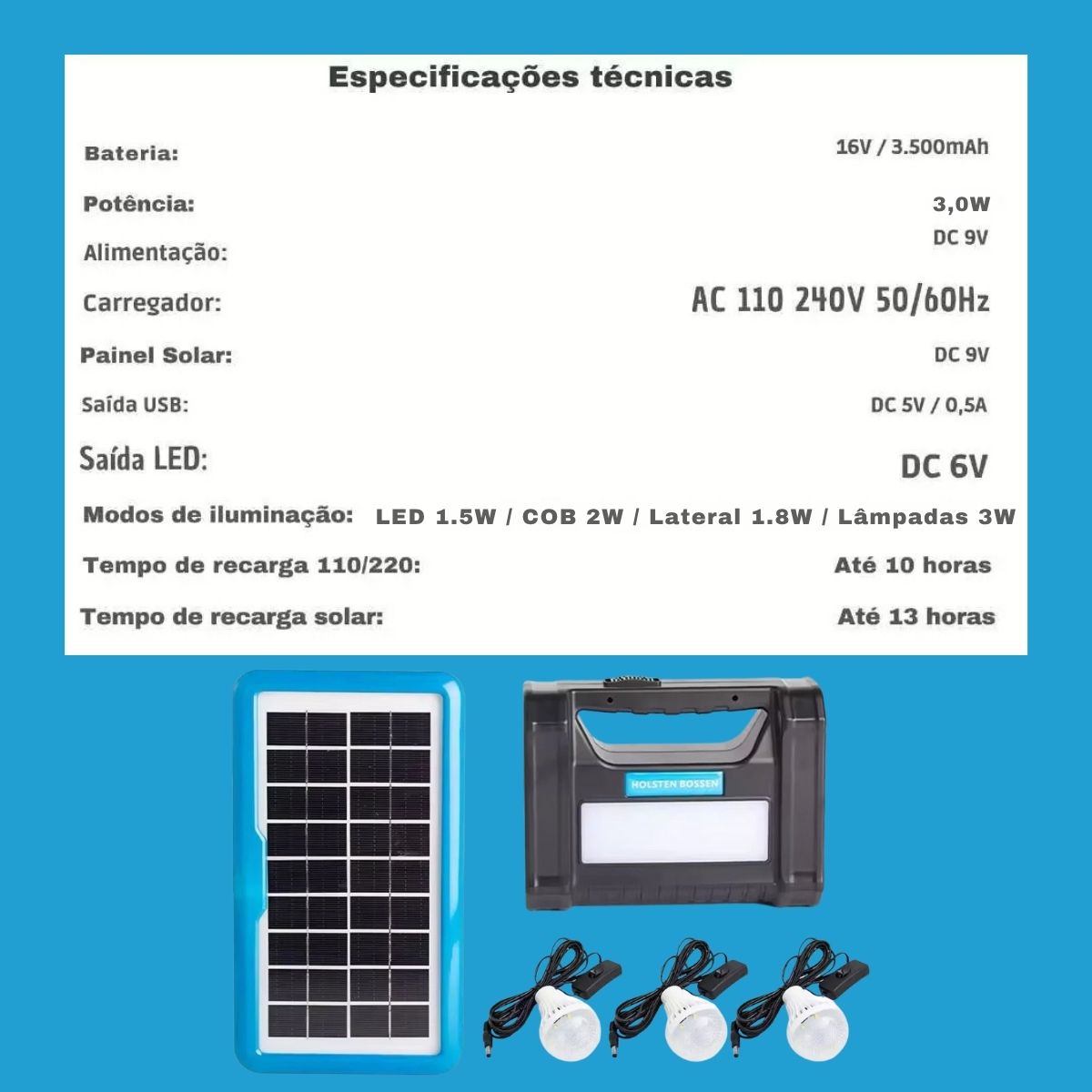 Kit Bateria Portátil com Painel Solar e 3 Lâmpadas LED Camping - FIA00005