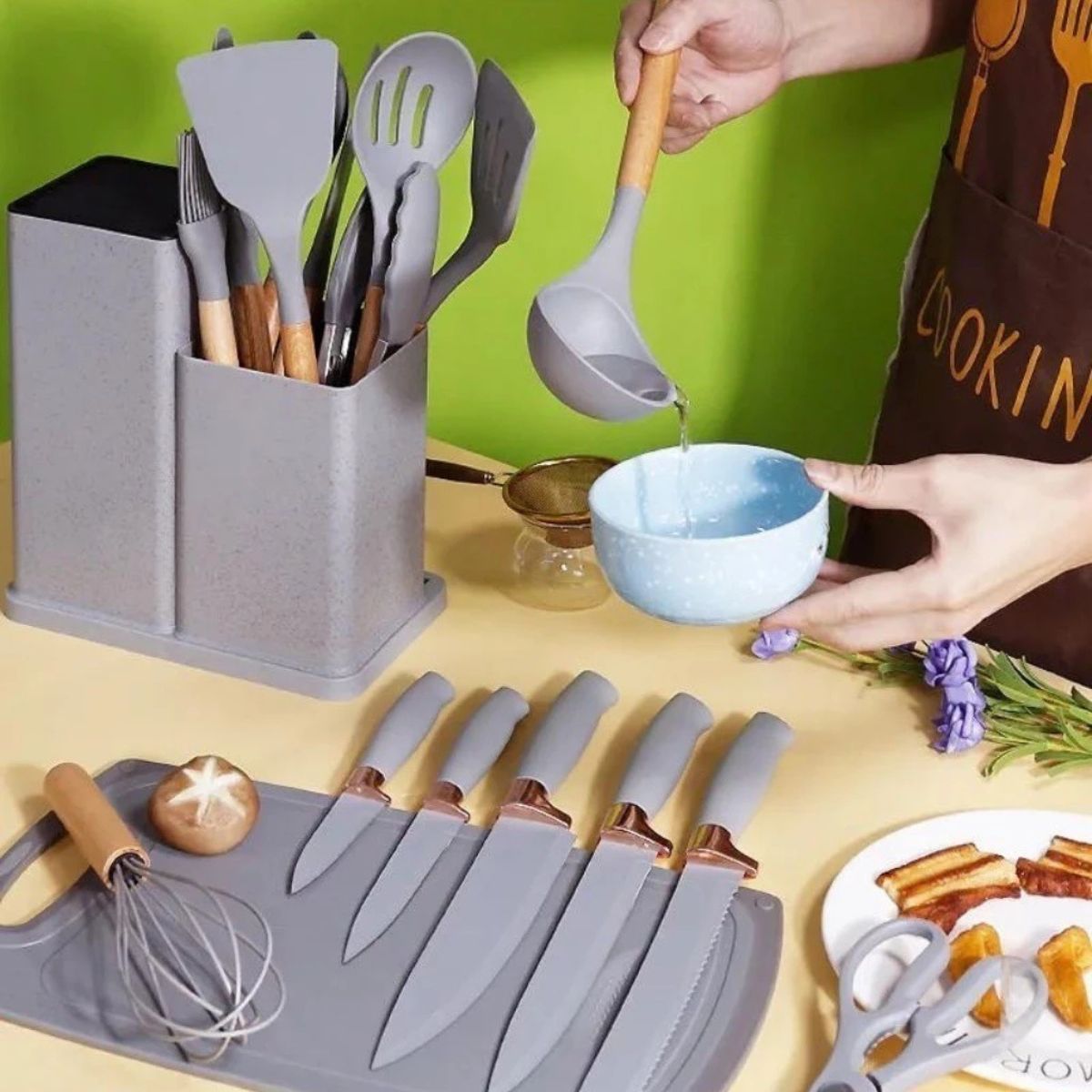 Kit Utensílios de Cozinha 19 Peças Silicone com Tábua - CSC00020
