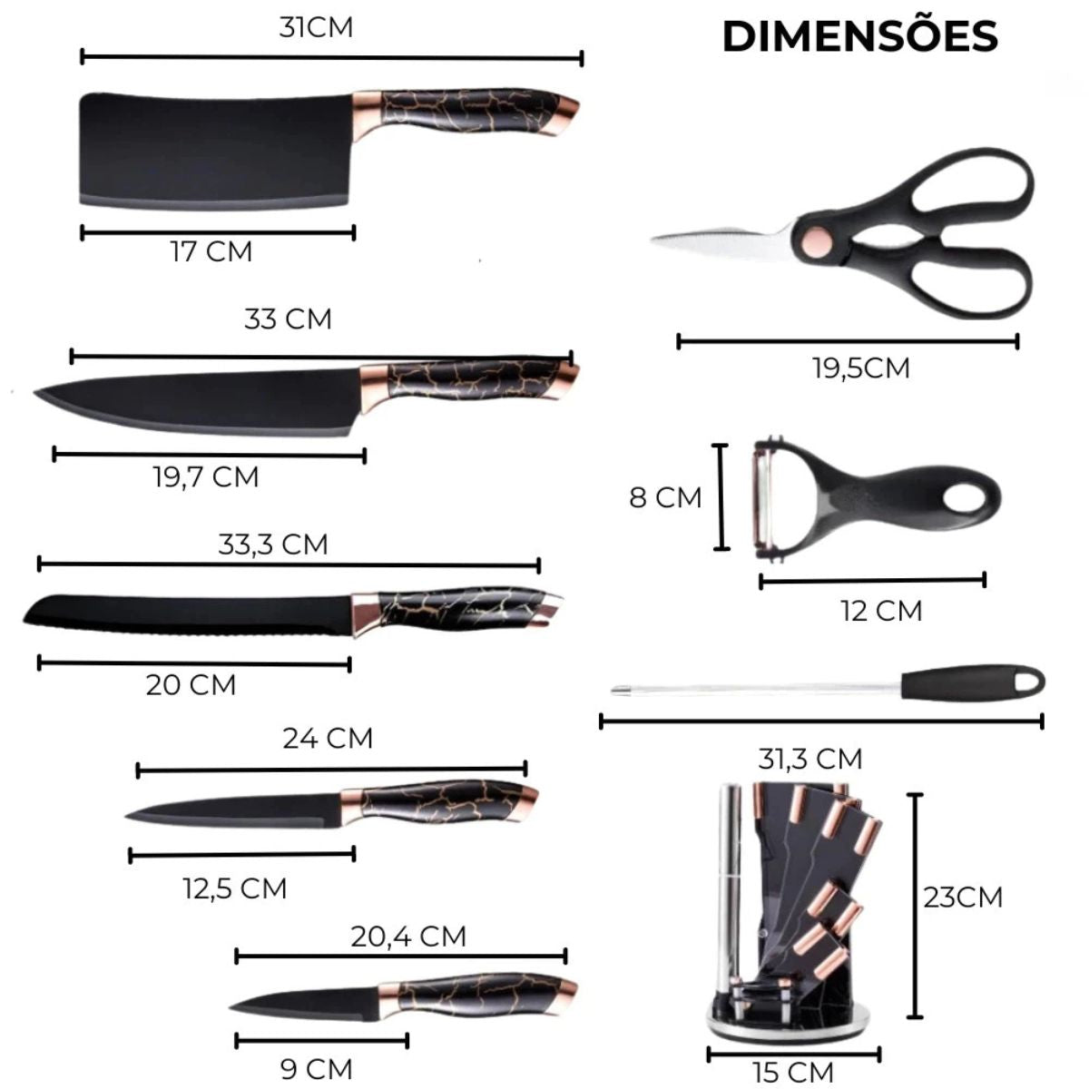 Jogo de Facas Inox Profissionais 8 Peças com Base Giratória - LCT0024/25/27