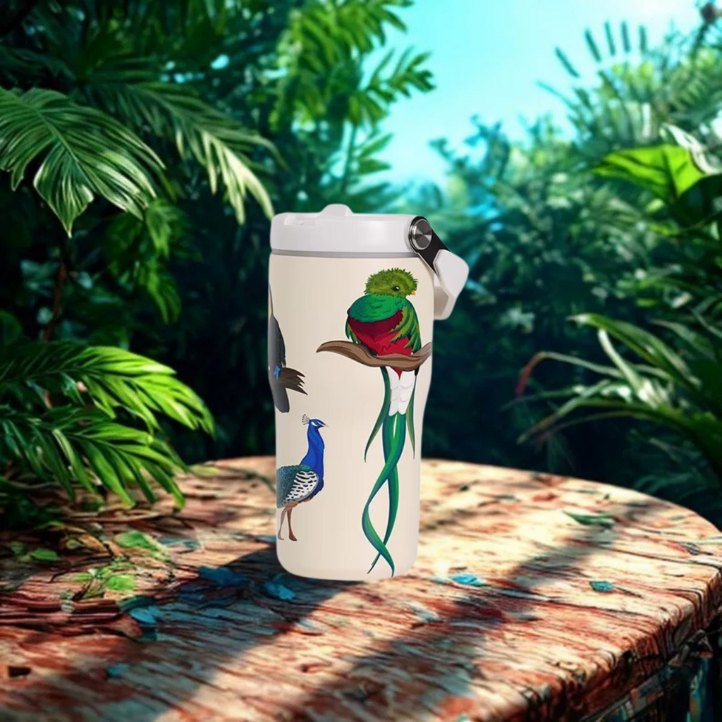 Copo Térmico com Alça Canudo e Estampa Fauna Tropical 600ml
