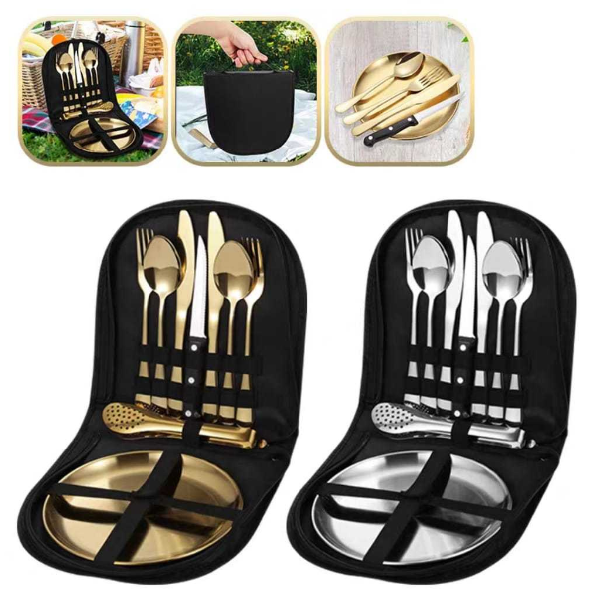 Kit Talheres Inox Dourado com Maleta Portátil - CTL0001